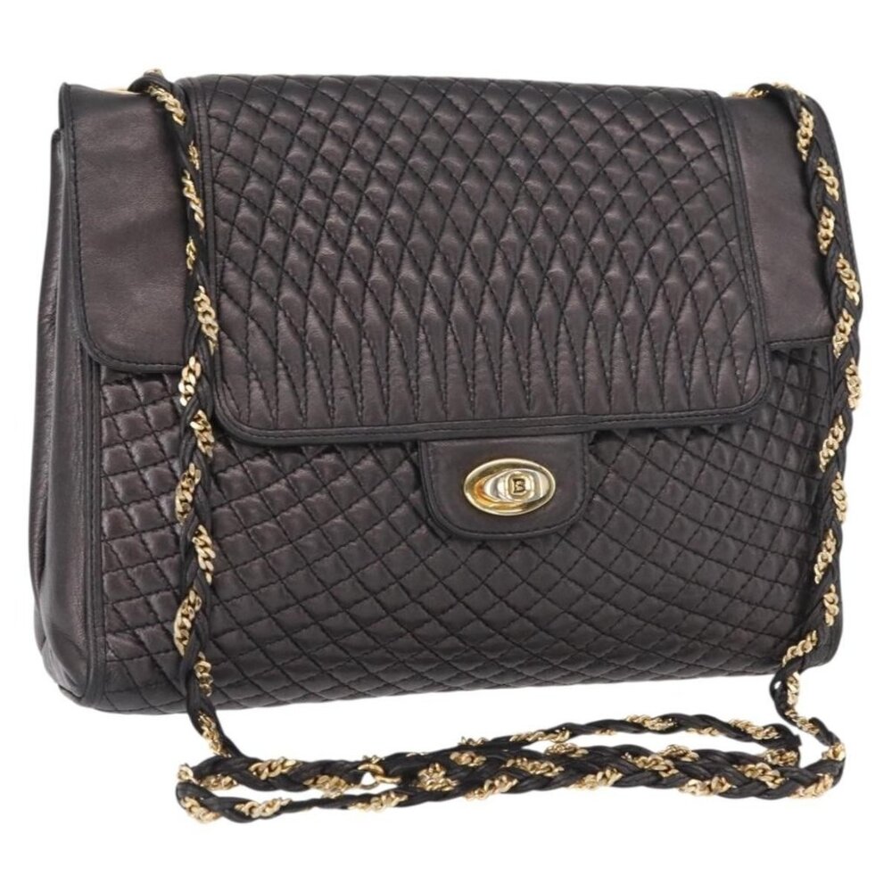 Authentic BALLY Chain Shoulder Bag Leather Black Gold